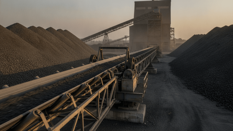 Coal piles and conveyor belts leading into a power plant under a hazy, late afternoon sky.