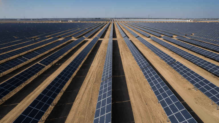 An expansive solar power plant in India with rows of photovoltaic panels stretching into the distance under a clear sky.
