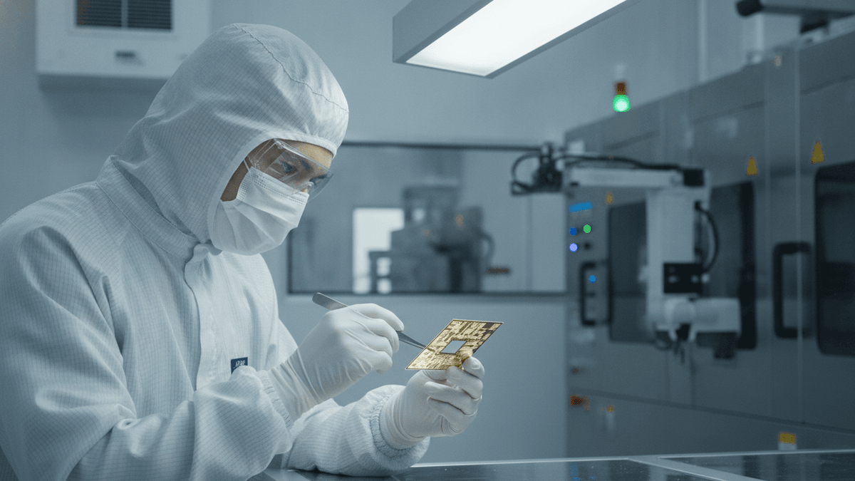 A technician in full cleanroom attire meticulously inspects a semiconductor chip with tweezers in a bright facility.