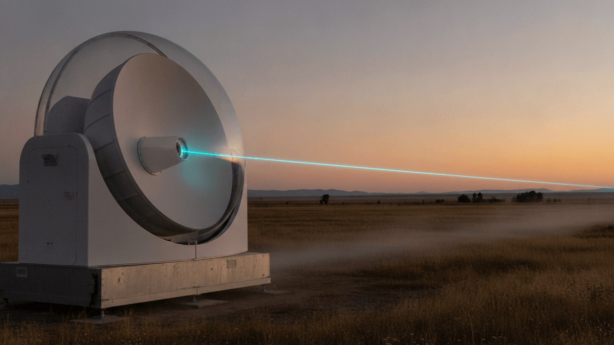 An optical ground station emitting a blue laser beam across a field at dusk.