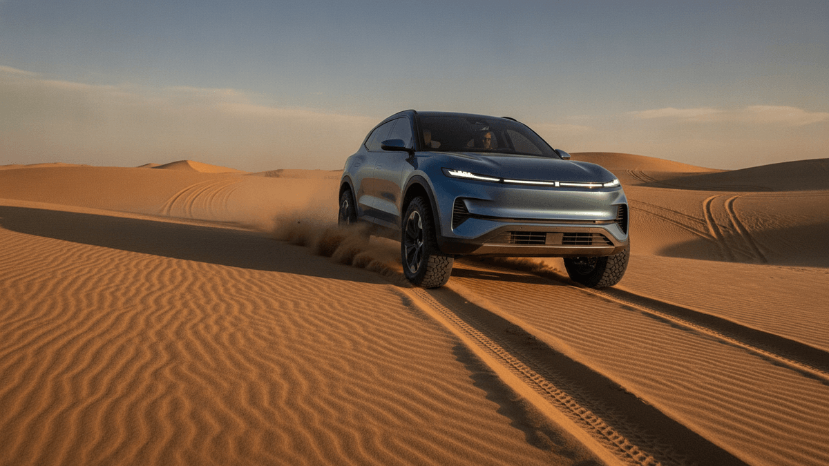 A blue electric SUV drives through desert sand dunes, kicking up sand, with clear tire tracks.