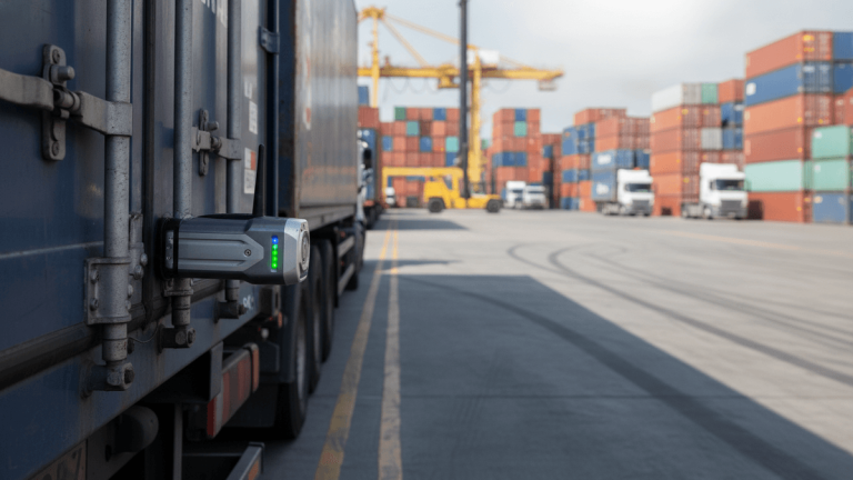 A smart GPS truck lock is attached to a blue cargo container on a semi-trailer truck in a busy logistics hub.
