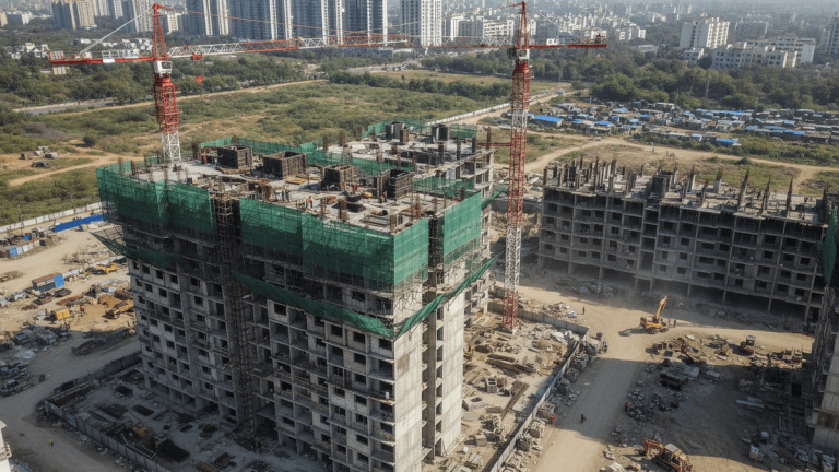 An elevated wide shot captures a large-scale real estate development project in an urban area of India, with multiple multi-story buildings under active construction, featuring prominent cranes and scaffolding, under bright daylight.