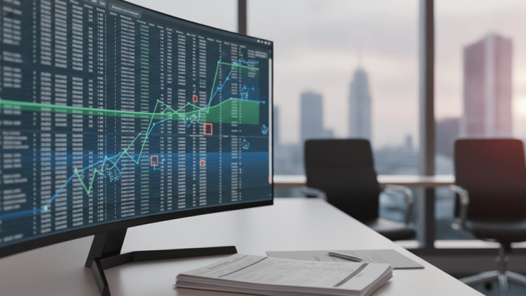 A monitor displays financial data, charts, and graphs. A stack of papers and a pen are on the desk.