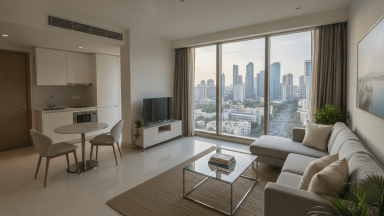 A spacious, modern living area within a service apartment, featuring a sofa, coffee table, and large window overlooking a city.