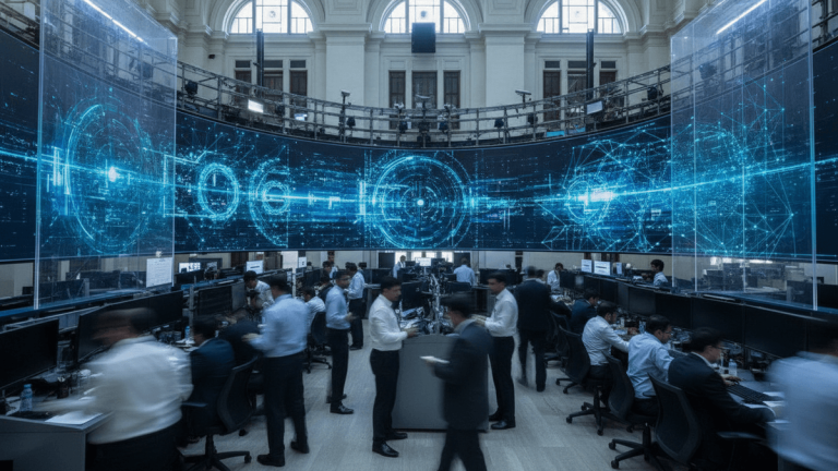 A wide shot of a stock exchange trading floor with blurred figures and large screens displaying abstract data visualizations.