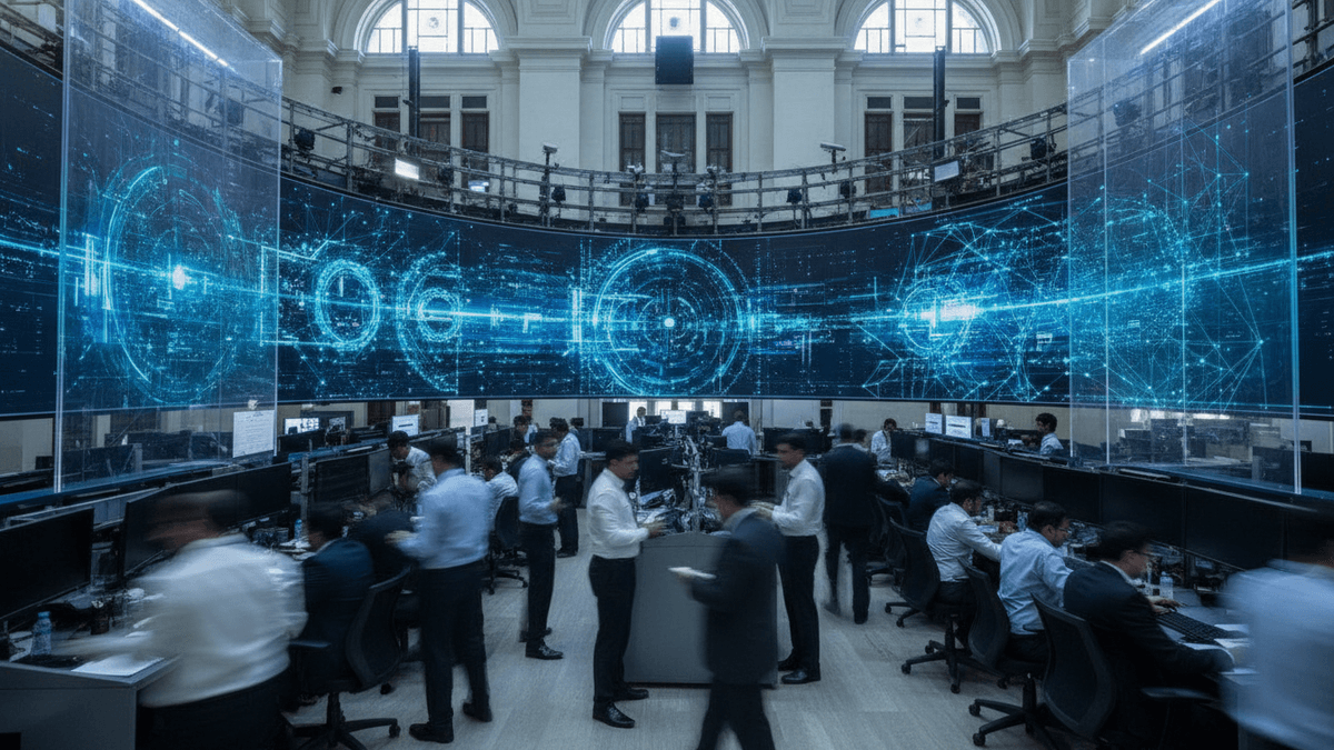 A wide shot of a stock exchange trading floor with blurred figures and large screens displaying abstract data visualizations.