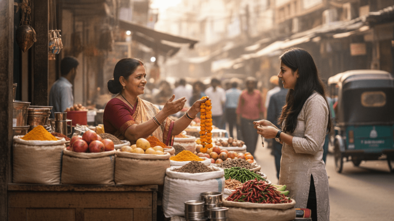 A street vendor in India, a woman in a sari, shows a garland to a female customer in a bustling market.