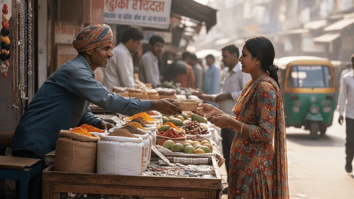 A street vendor in a turban hands an item to a female customer at a stall overflowing with spices and produce.