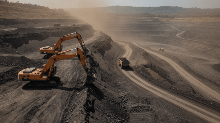 A wide shot of an Indian open-pit coal mine with excavators, haul trucks, and a dusty atmosphere.