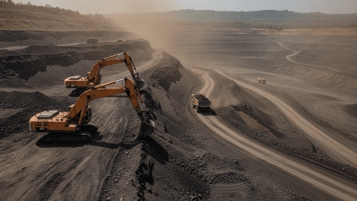 A wide shot of an Indian open-pit coal mine with excavators, haul trucks, and a dusty atmosphere.