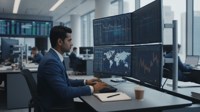 A man in a suit sits at a desk with four computer monitors displaying financial data and a world map.