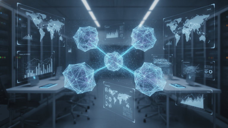 A photorealistic editorial image of four interconnected digital agents in a high-tech office with data visualizations.