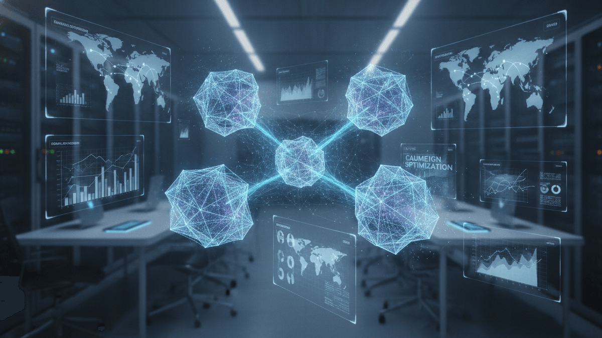 A photorealistic editorial image of four interconnected digital agents in a high-tech office with data visualizations.