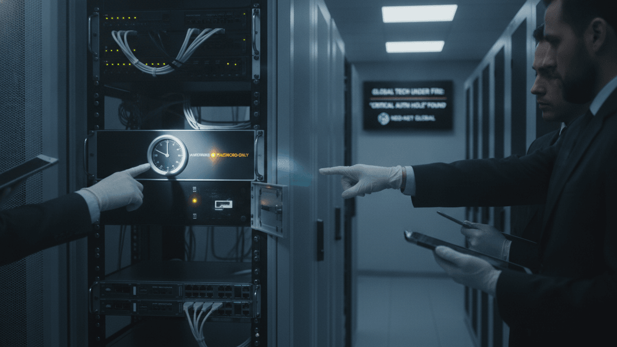 Server rack with glowing panel, gloved hands pointing, in a data center with men in suits.