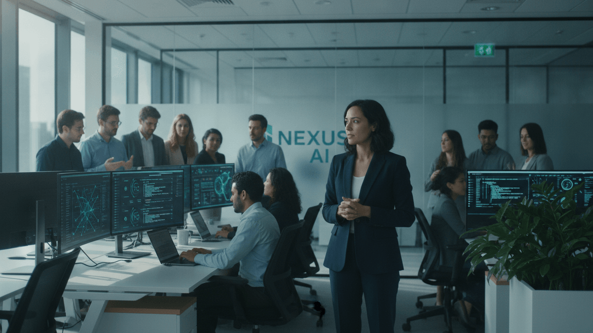 A female founder in a suit stands in a sleek, modern office, observing a diverse team of engineers working on computers.