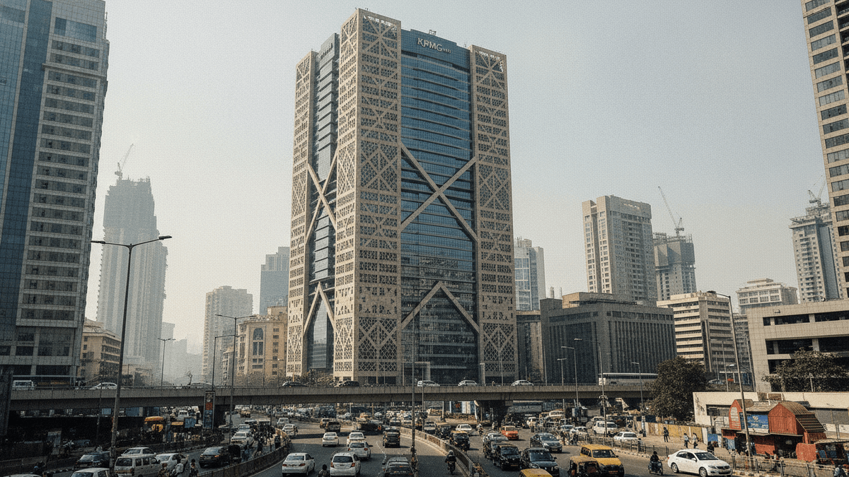 A modern, tall corporate skyscraper dominates the skyline of a bustling Indian financial district under clear daylight.