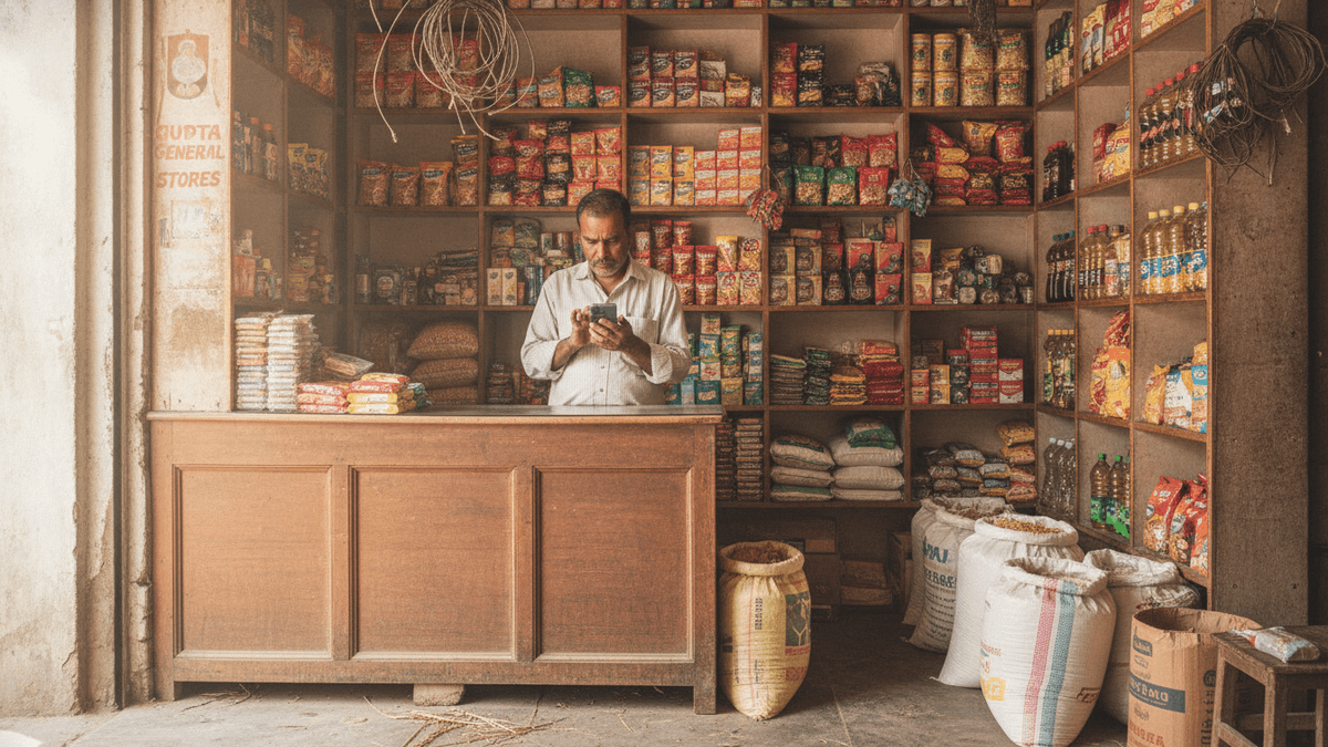 A man stands behind a wooden counter in a kirana store, looking at a smartphone amidst shelves stocked with products.