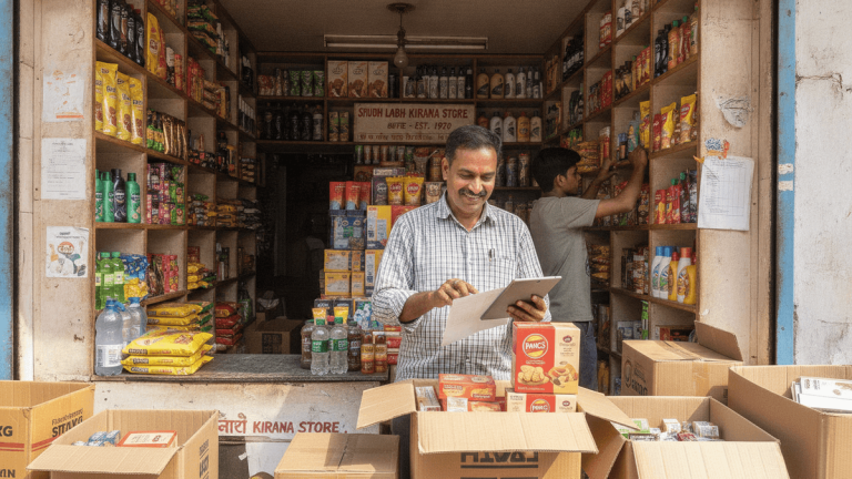 A man in a plaid shirt smiles while looking at a tablet, surrounded by boxes of products inside a busy store.