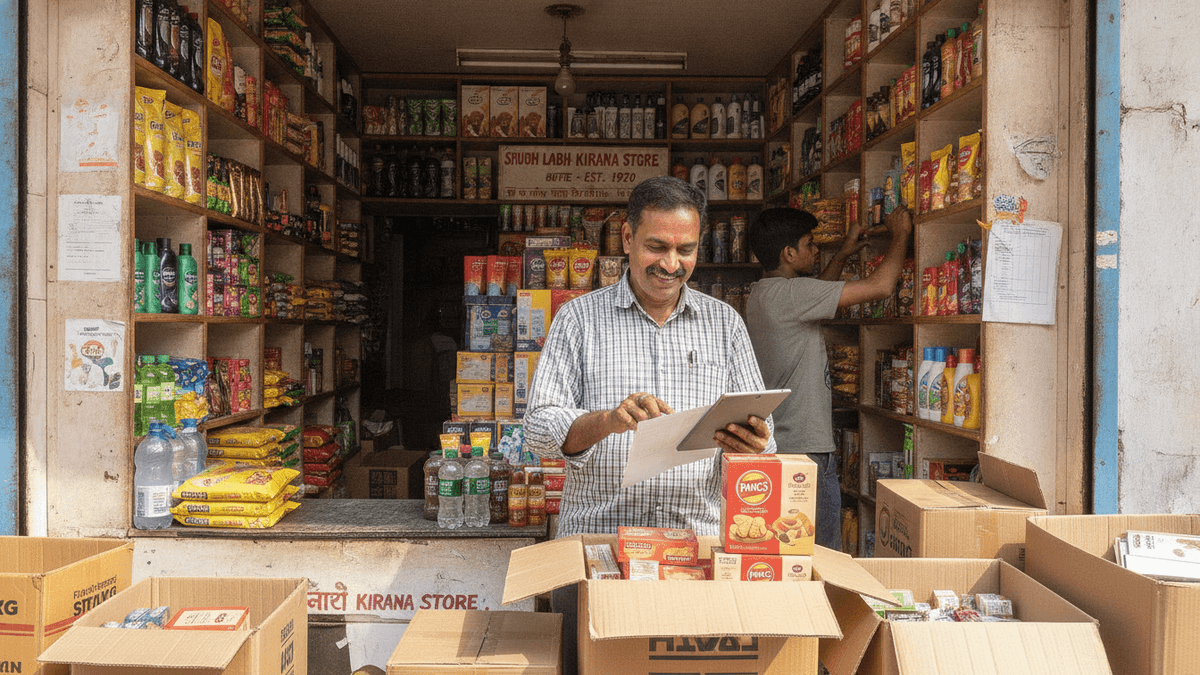A man in a plaid shirt smiles while looking at a tablet, surrounded by boxes of products inside a busy store.