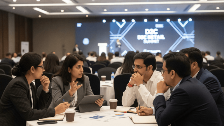 Four Indian business leaders, two men and two women, seated at a white table, engaged in conversation.