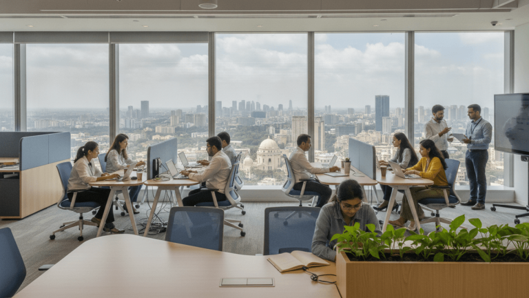 An elevated medium wide shot shows a modern, open-plan office with large windows overlooking a city skyline.