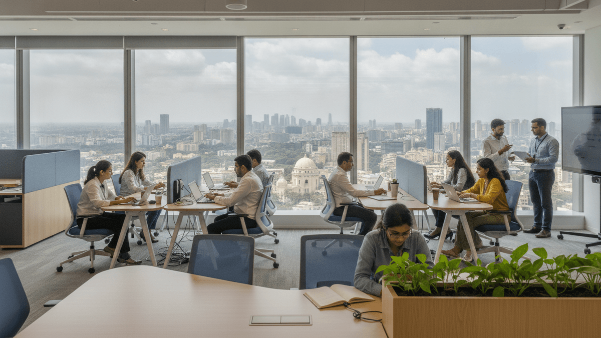 An elevated medium wide shot shows a modern, open-plan office with large windows overlooking a city skyline.
