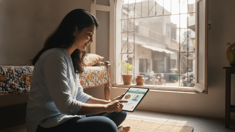 A young woman in a modest Indian home interacts with a tablet displaying a personalized nutrition plan.