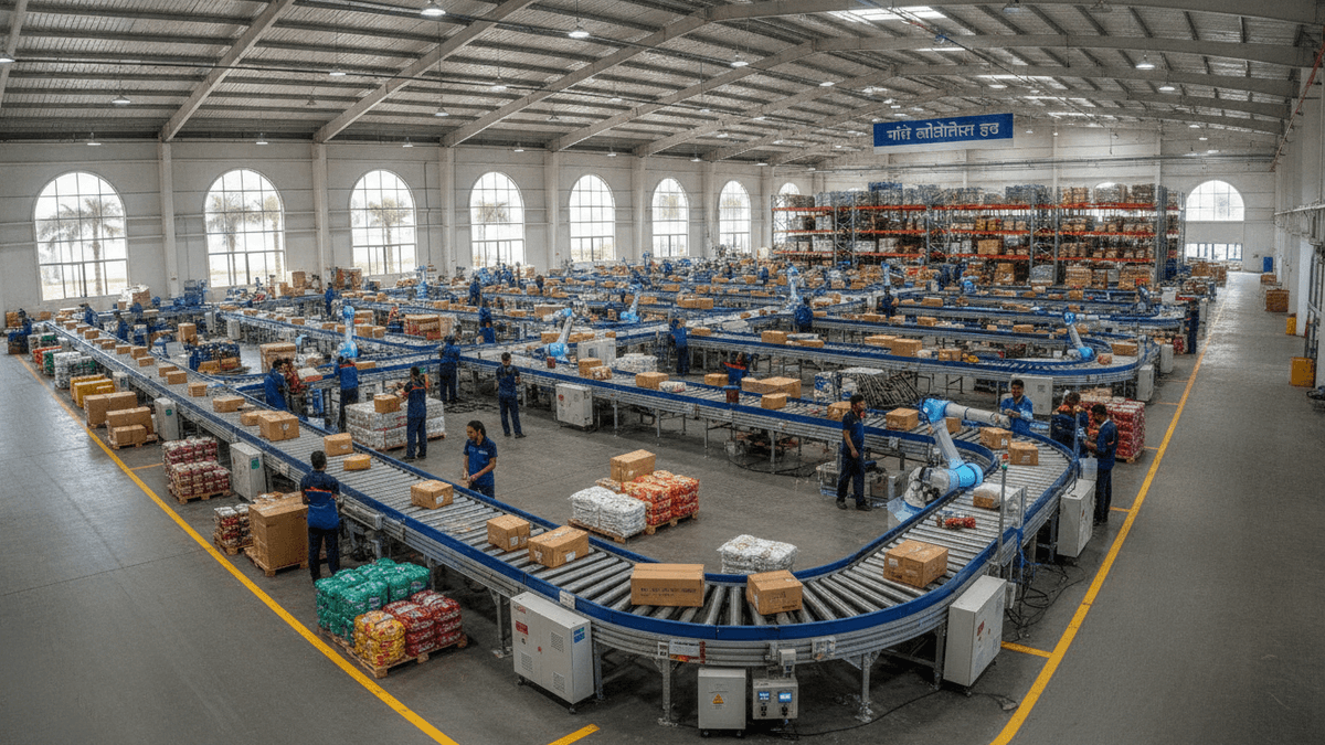 Wide shot of a large Indian logistics warehouse with workers and automated systems sorting packages on conveyor belts.