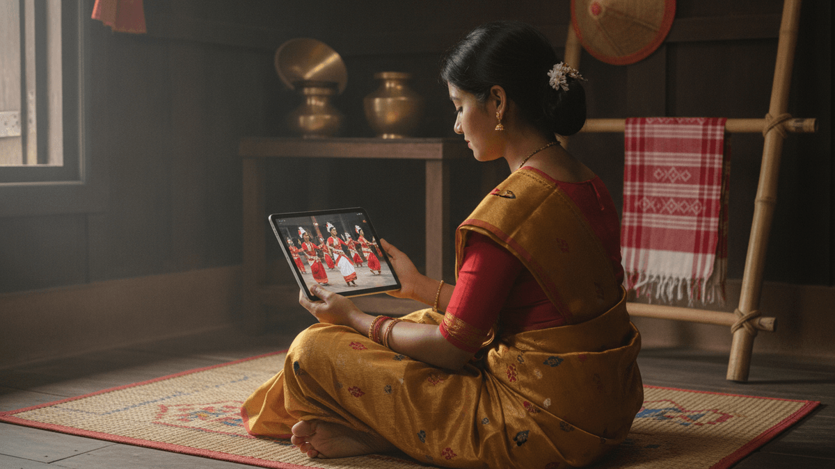 A person in a Muga silk mekhela chador sits on a mat, viewing a Bihu dance on a tablet in an Assamese home.