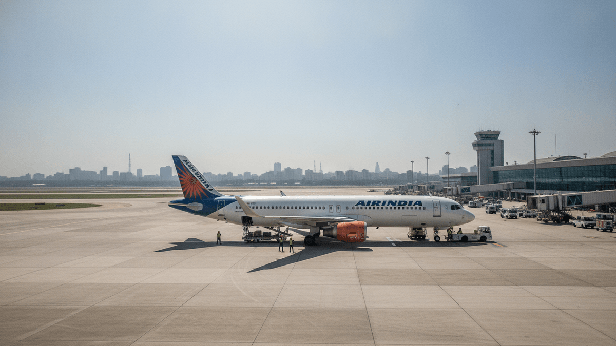 A wide shot of an Air India passenger jet on an airport tarmac with ground crew, buildings, and a city skyline.