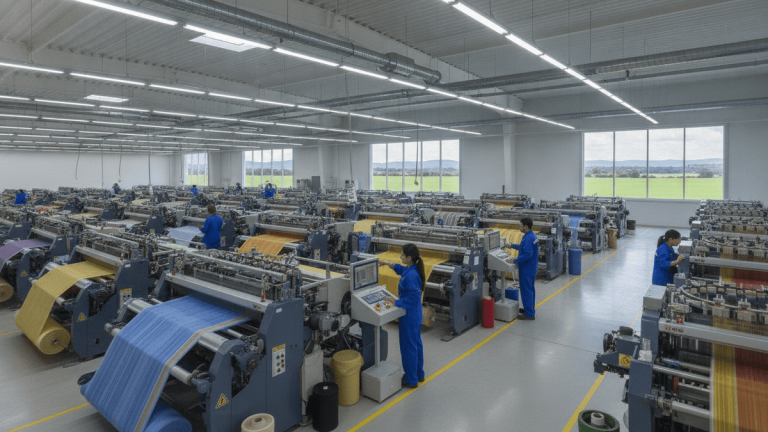 Wide shot of a modern textile factory with rows of automated weaving machines and workers in blue uniforms.