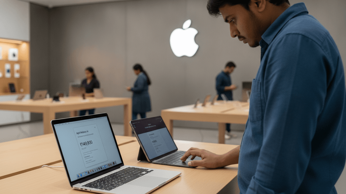 A man in a blue shirt looks at an iPad Pro in an Apple store. A MacBook Air displays price information next to it.