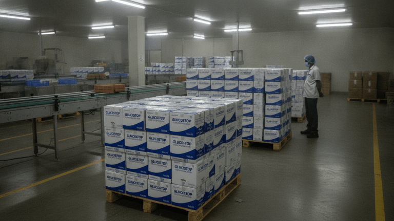 Large stacks of packaged GLP-1 drugs on wooden pallets in a brightly lit industrial warehouse with a lone worker.