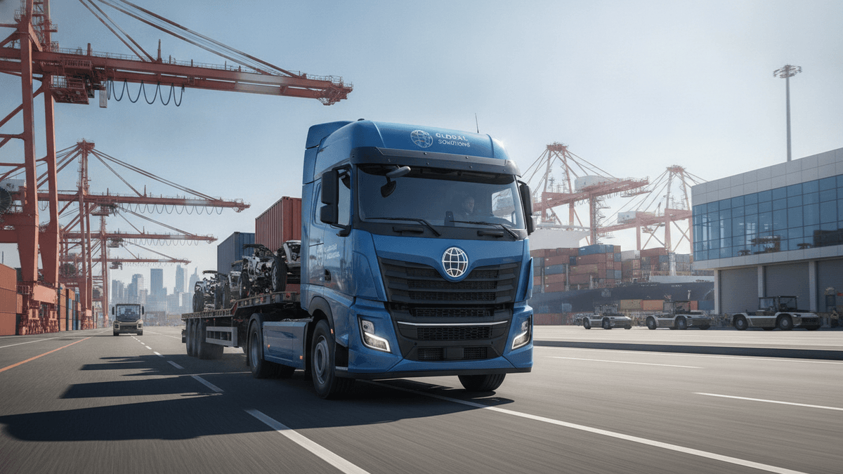 A blue commercial truck drives forward on a road at a busy international shipping port under clear daylight.