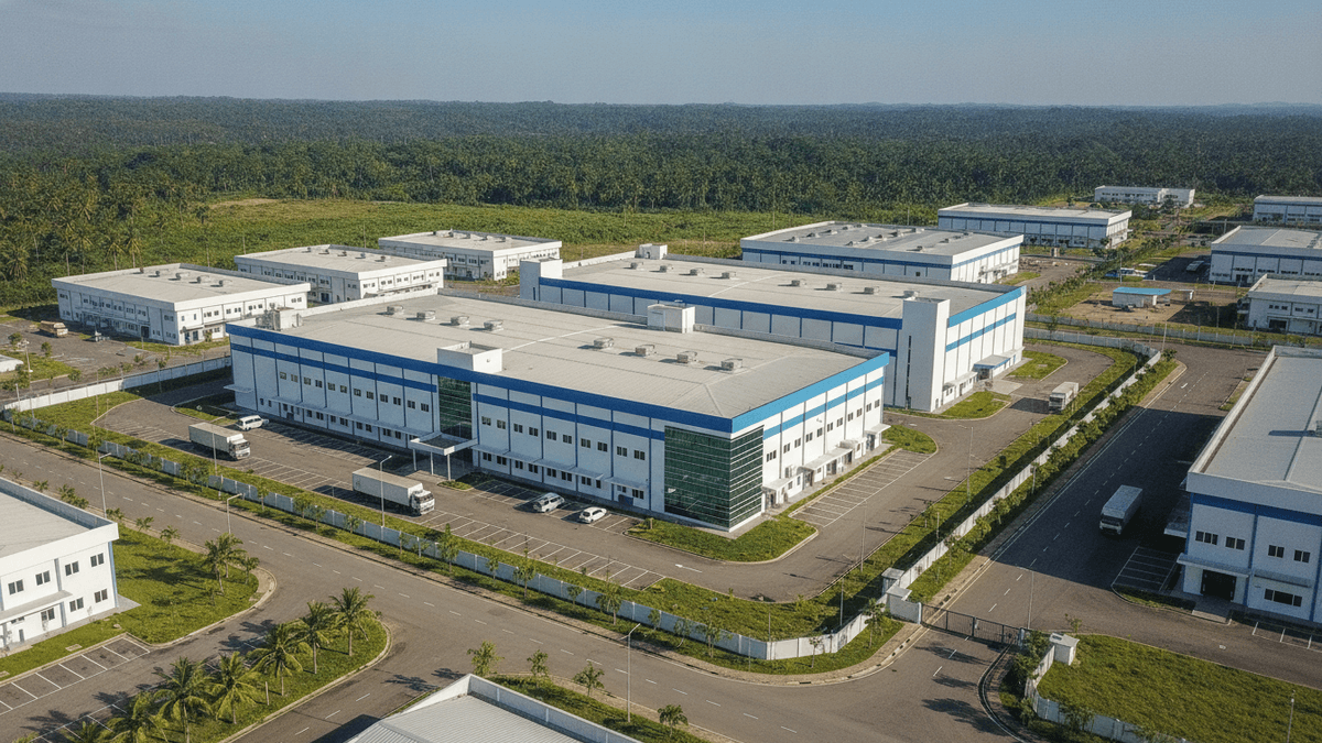 An aerial shot of a large, modern pharmaceutical manufacturing facility with multiple white and blue buildings under clear skies.