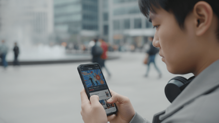 A young adult looking intently at a smartphone screen, with blurred urban background.