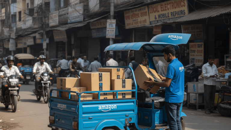 An Amazon delivery associate handles packages on a branded delivery vehicle in a bustling Indian street.