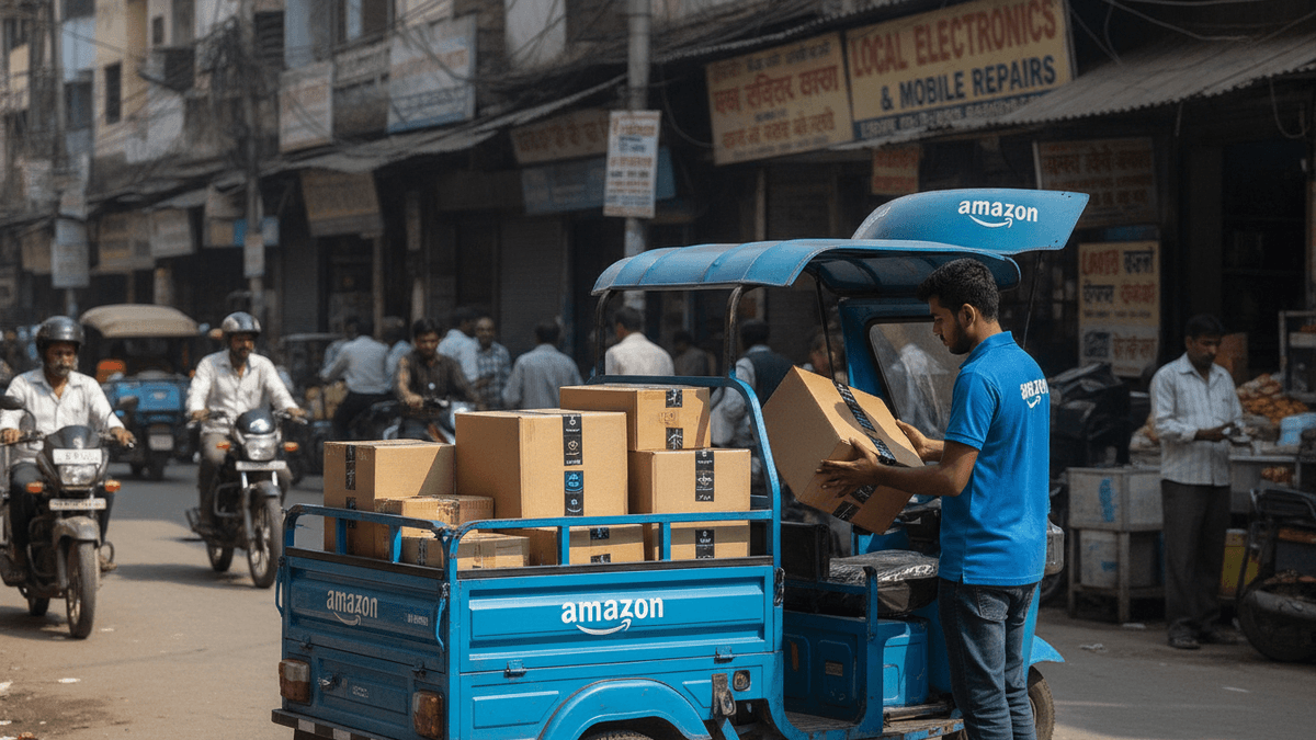 An Amazon delivery associate handles packages on a branded delivery vehicle in a bustling Indian street.