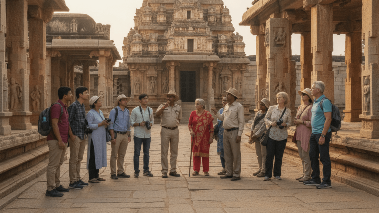 A diverse group of travelers with a guide at an ancient Indian temple complex.
