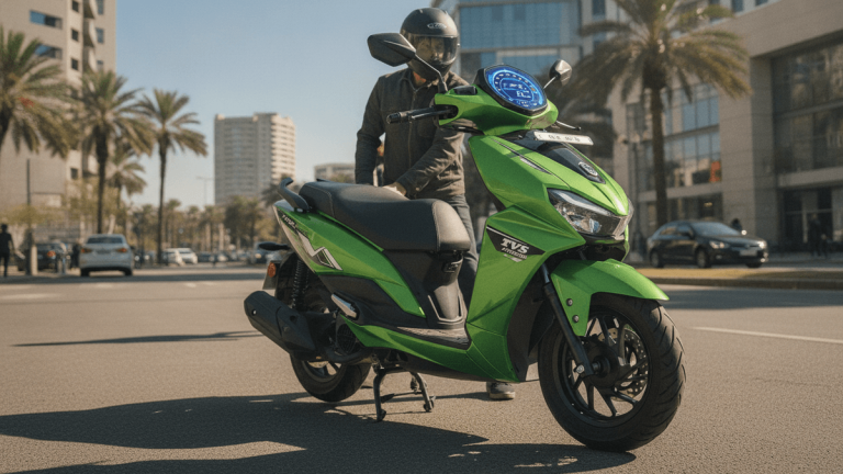 A person dismounting a green TVS NTORQ 125 scooter with an illuminated digital console on a city street.
