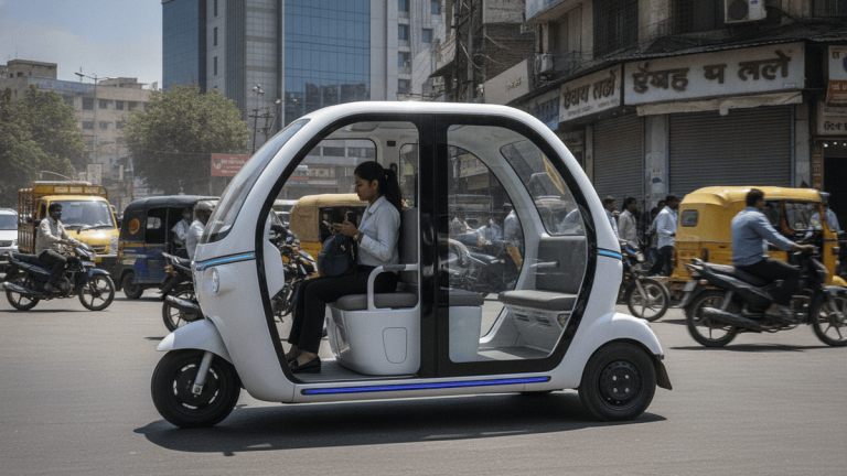 An electric three-wheeler with an enclosed cabin travels on a busy street. A woman sits inside, looking at her phone.