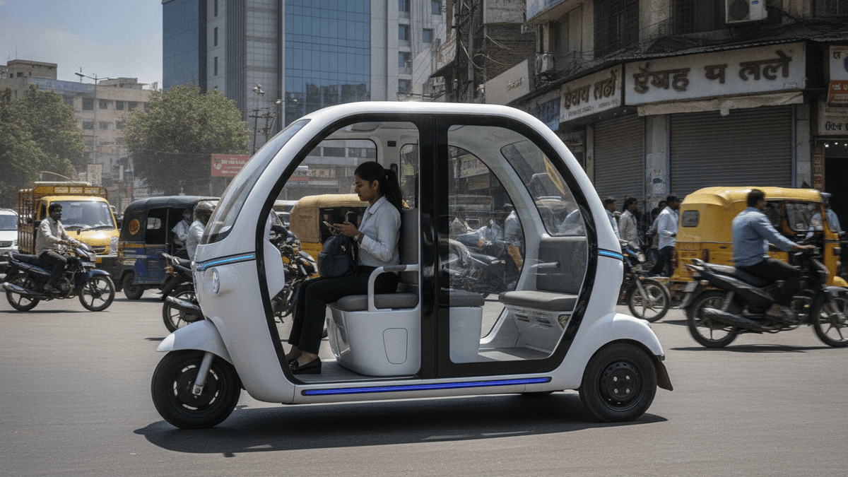 An electric three-wheeler with an enclosed cabin travels on a busy street. A woman sits inside, looking at her phone.