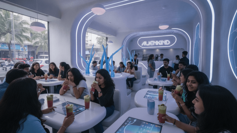 An interior wide shot of the Alienkind cafe, featuring young adults at white tables, drinking layered fruit drinks.