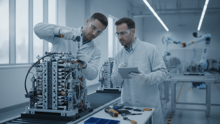 Two engineers in lab coats and safety glasses work on a complex hydrogen fuel cell stack in a bright manufacturing facility.
