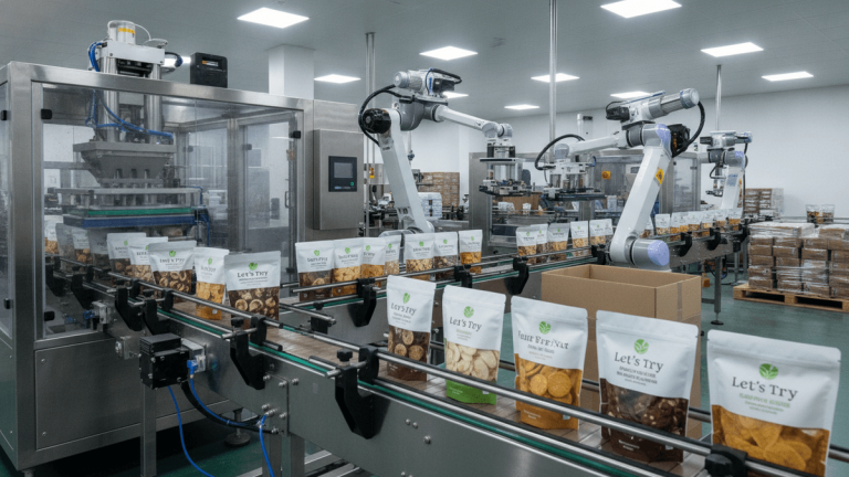 An automated food manufacturing facility with "Let's Try" brand snack packages on a conveyor belt and robotic arms.