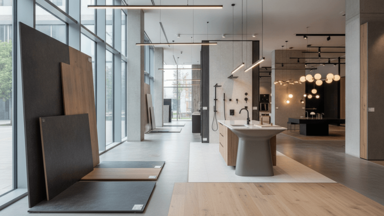 Wide shot of a modern showroom with large windows, architectural surfaces, bath fittings, and contemporary lighting.