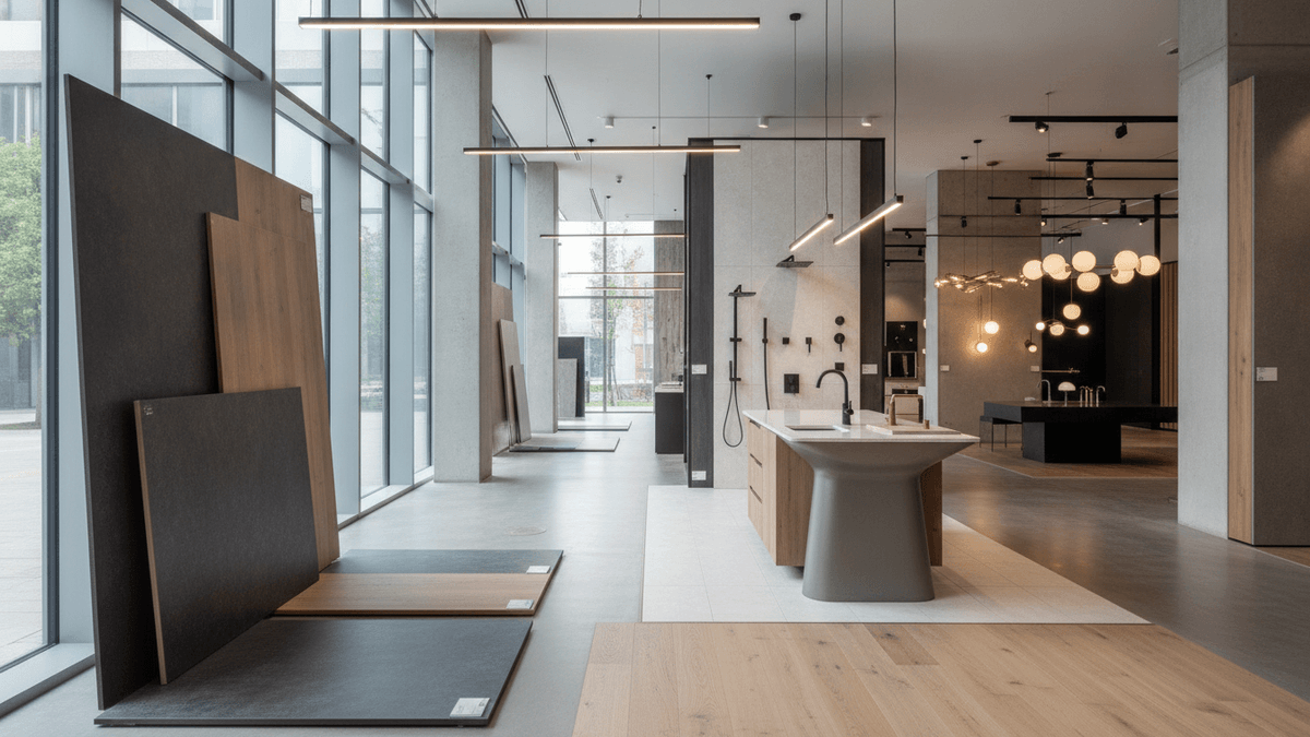 Wide shot of a modern showroom with large windows, architectural surfaces, bath fittings, and contemporary lighting.