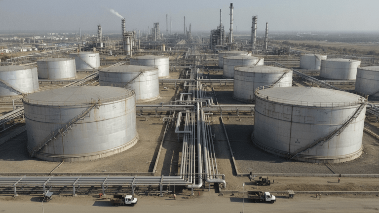 An aerial view of an Indian oil refinery complex under clear daylight, with large storage tanks, interconnected pipelines, and processing units.