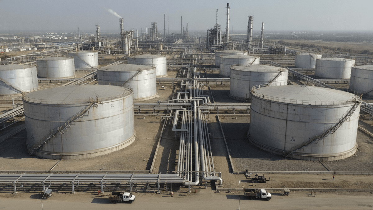 An aerial view of an Indian oil refinery complex under clear daylight, with large storage tanks, interconnected pipelines, and processing units.
